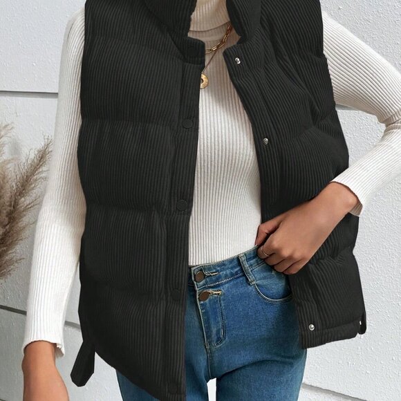 Black Casual Women's Minimalistic Button Up Padded Coat Vest - Picture 2 of 7